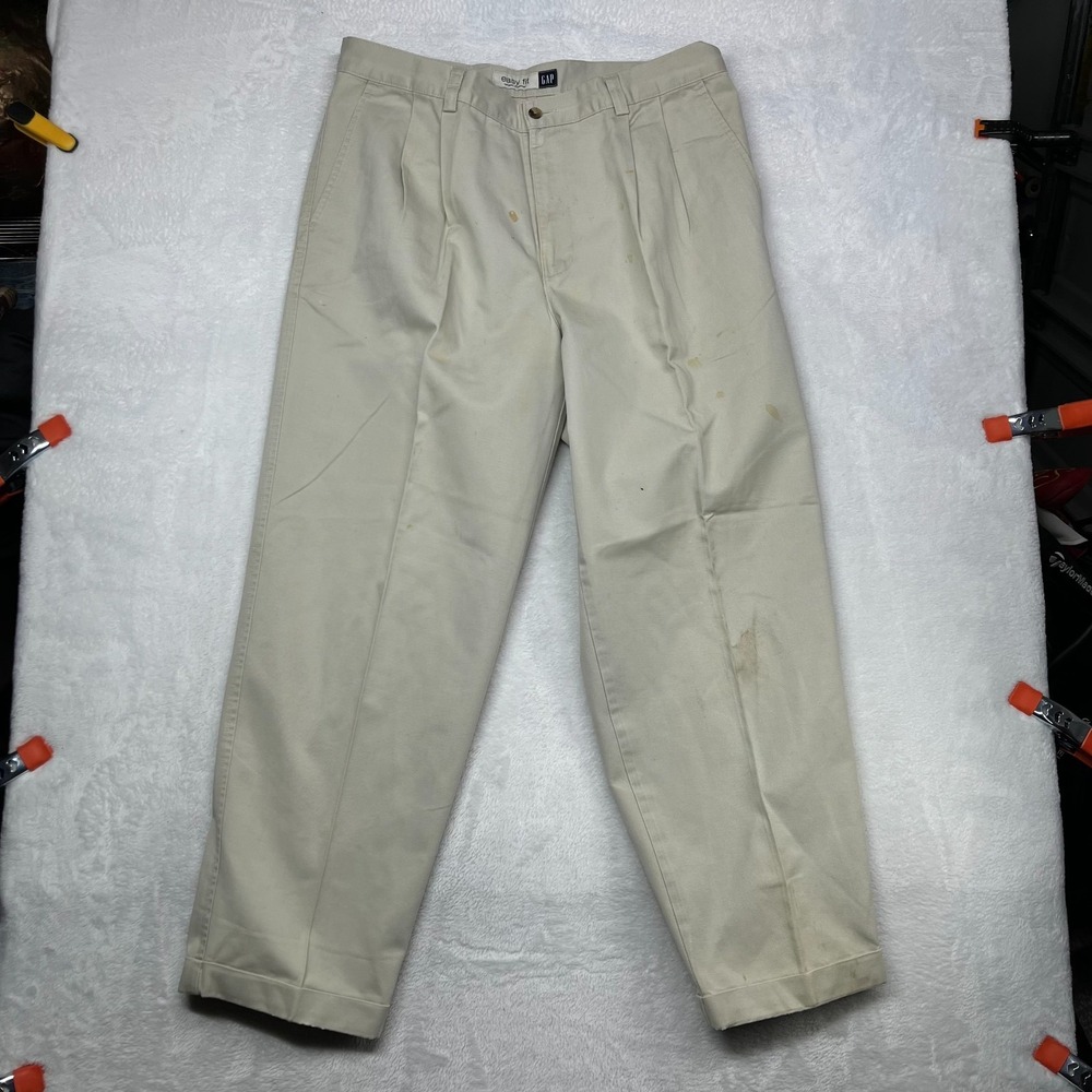 Gap Easy Fit Chino Pants Men's Gray Pleated‎ Rrinkle Resistant Cuffed - 34X29